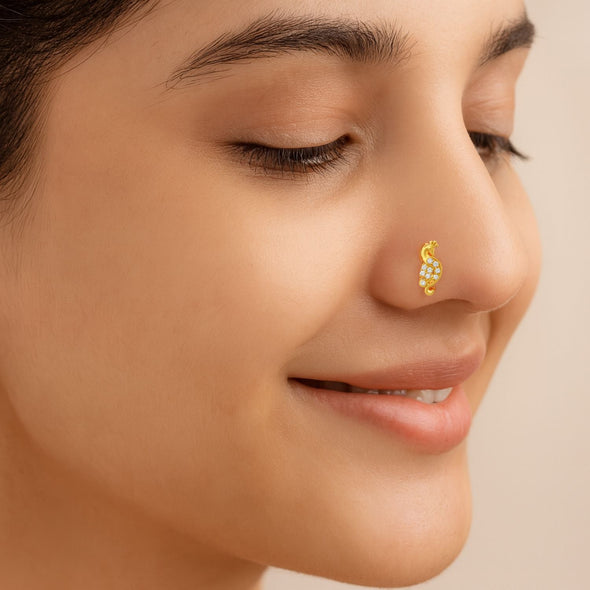 White CZ Peacock Motif Nose Pin – Sterling Silver Gold Plated