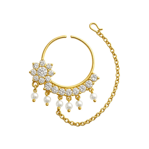 White CZ Floral with Pearl Drops Bridal Nath With Chain – Sterling Silver Gold-Plated