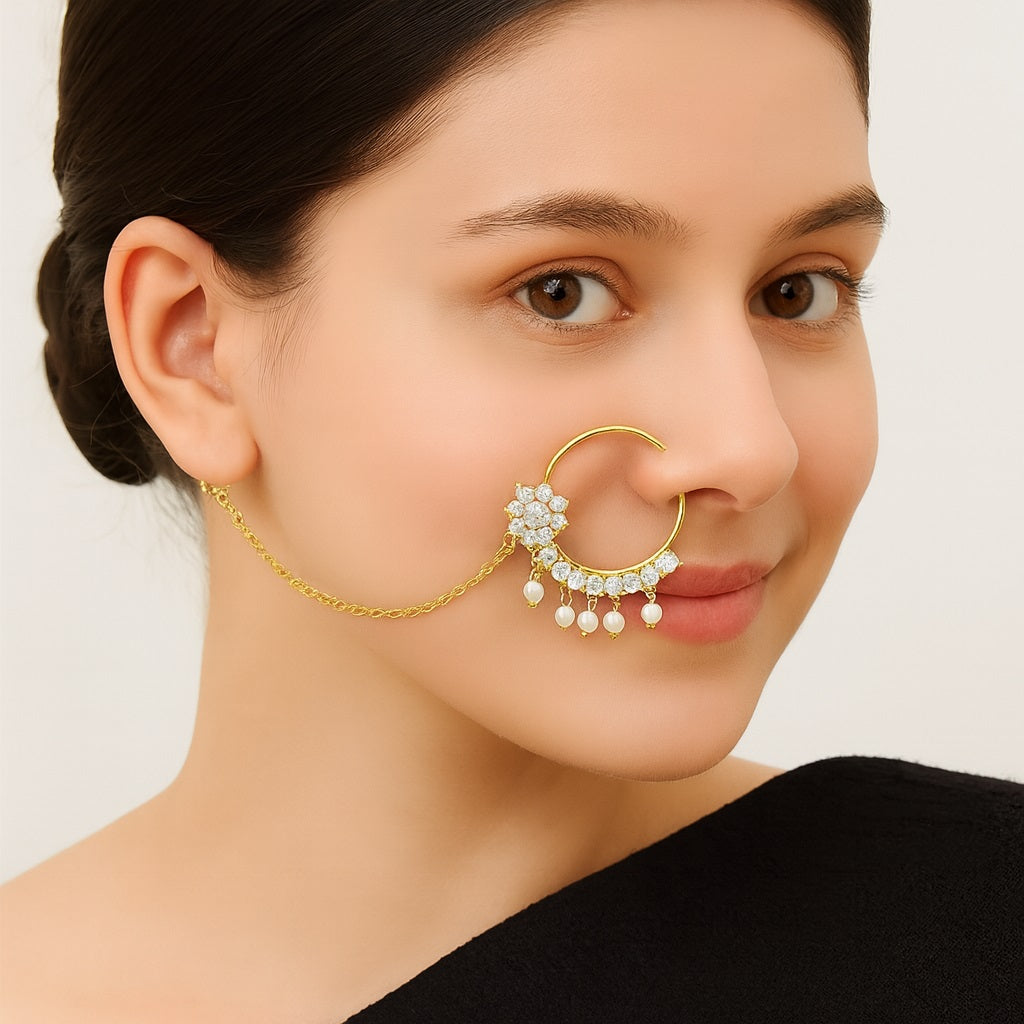 White CZ Floral with Pearl Drops Bridal Nath With Chain – Sterling Silver Gold-Plated