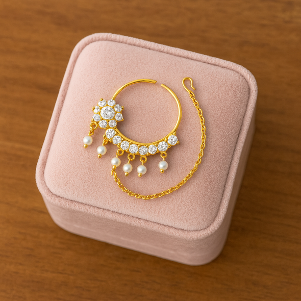 White CZ Floral with Pearl Drops Bridal Nath With Chain – Sterling Silver Gold-Plated