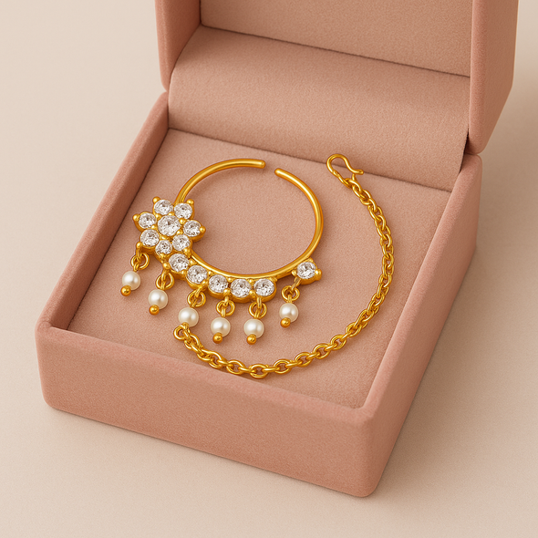 White CZ Floral with Pearl Drops Bridal Nath With Chain – Sterling Silver Gold-Plated