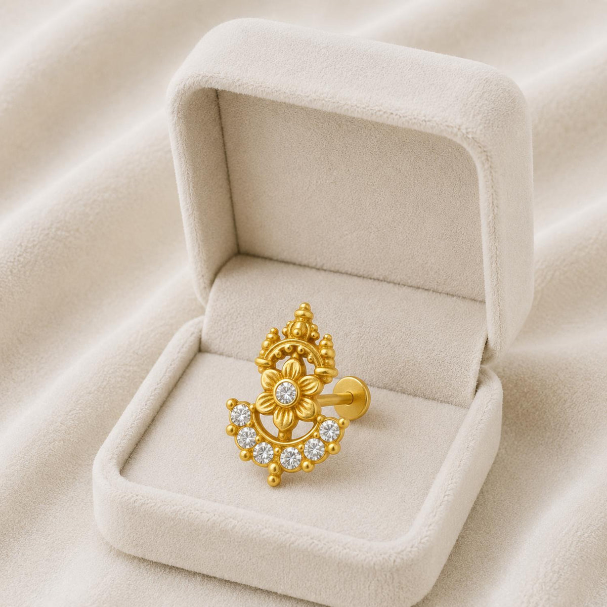 White CZ Temple-Inspired Floral  Nose Pin – Sterling Silver Gold Plated
