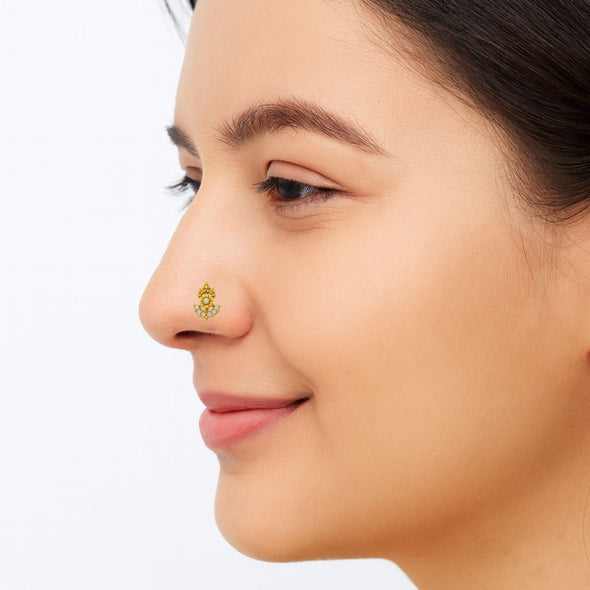 White CZ Temple-Inspired Floral  Nose Pin – Sterling Silver Gold Plated