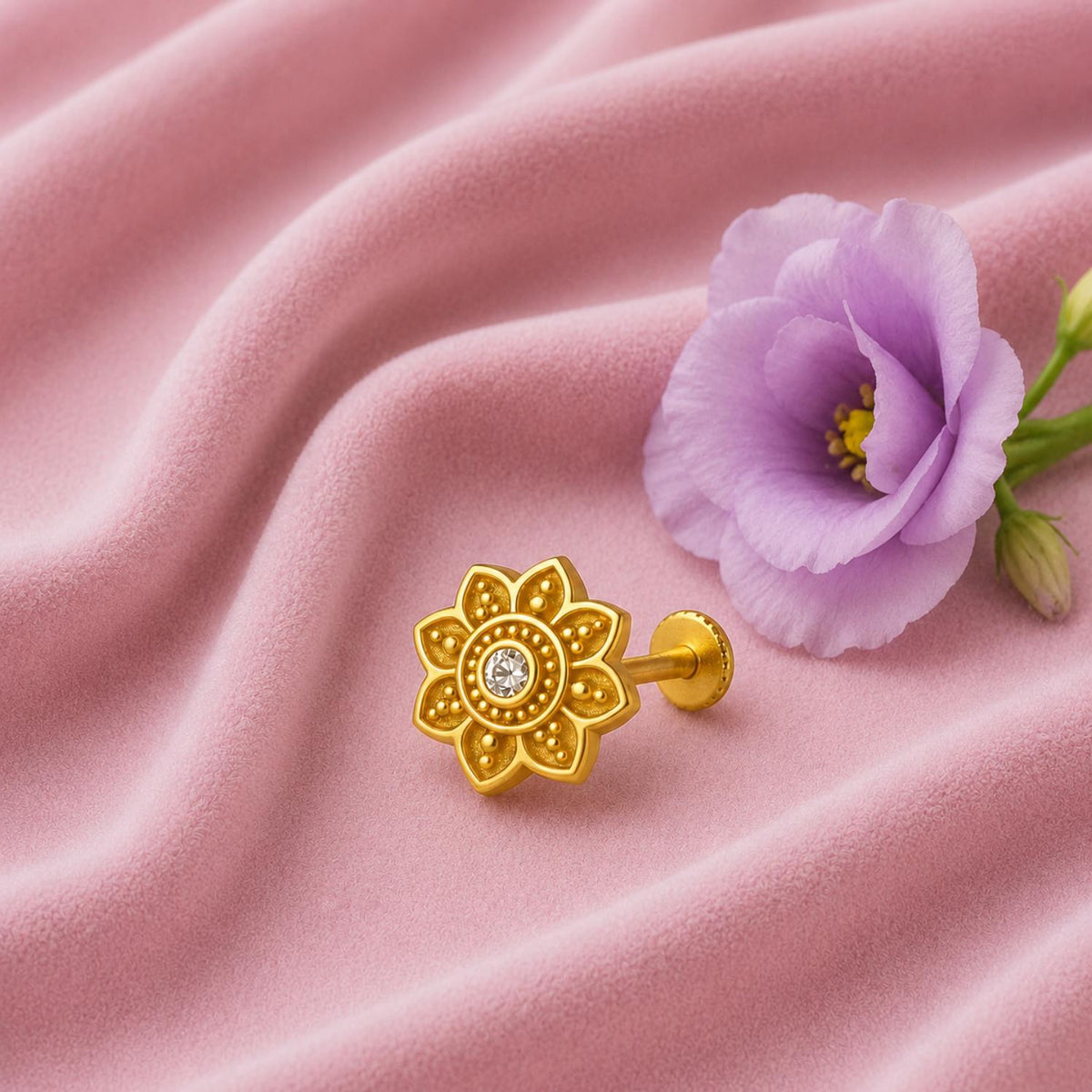 White CZ Center Mandala Floral Nose Pin – Sterling Silver Gold Plated