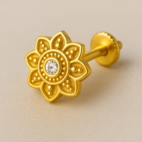 White CZ Center Mandala Floral Nose Pin – Sterling Silver Gold Plated