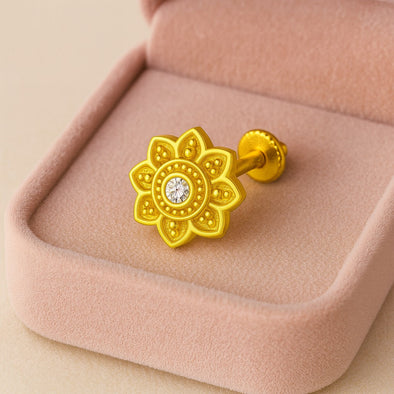 White CZ Center Mandala Floral Nose Pin – Sterling Silver Gold Plated