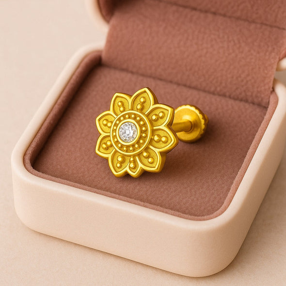 White CZ Center Mandala Floral Nose Pin – Sterling Silver Gold Plated