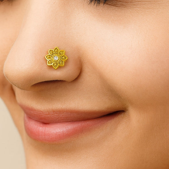 White CZ Center Mandala Floral Nose Pin – Sterling Silver Gold Plated