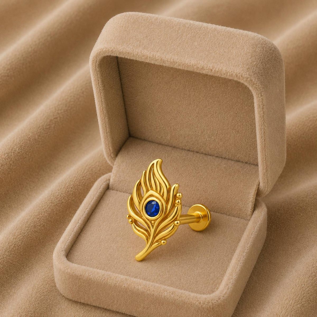 Blue Cz Peacock Feather Nose Pin – Sterling Silver Gold Plated