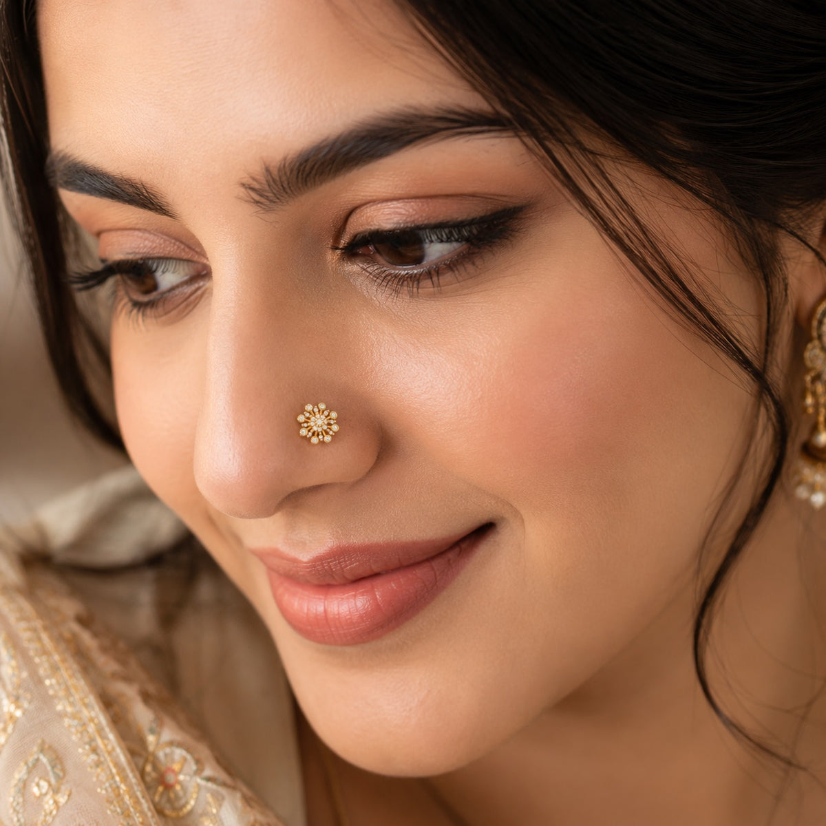 White CZ Floral Nose Pin – Sterling Silver Gold Plated