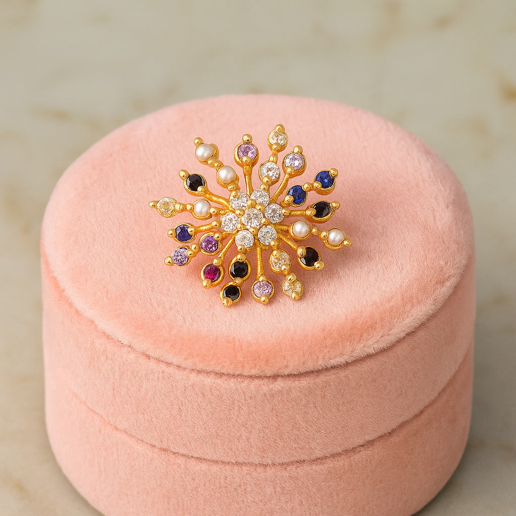 Navratan Multi-Stone Starburst Floral Nose Pin – Sterling Silver Gold Plated