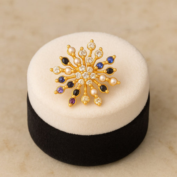 Navratan Multi-Stone Starburst Floral Nose Pin – Sterling Silver Gold Plated