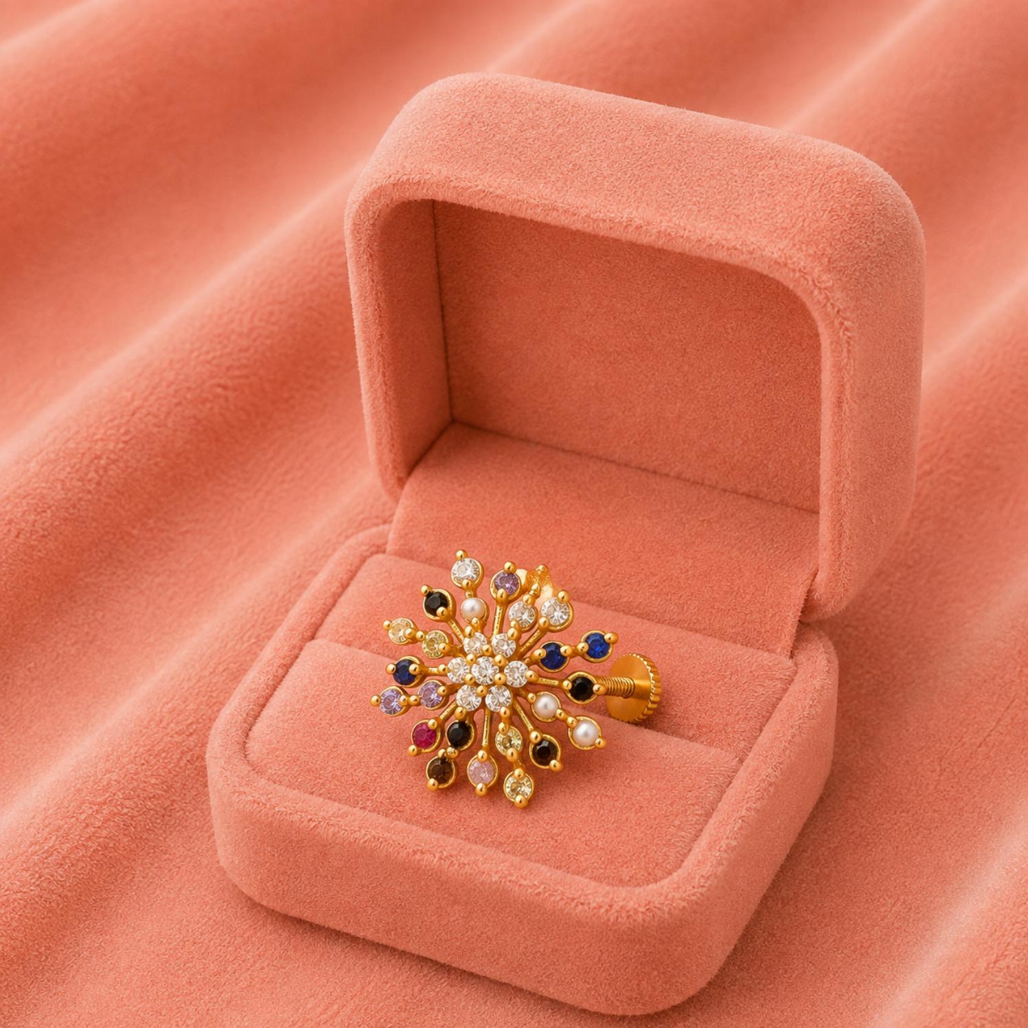 Navratan Multi-Stone Starburst Floral Nose Pin – Sterling Silver Gold Plated