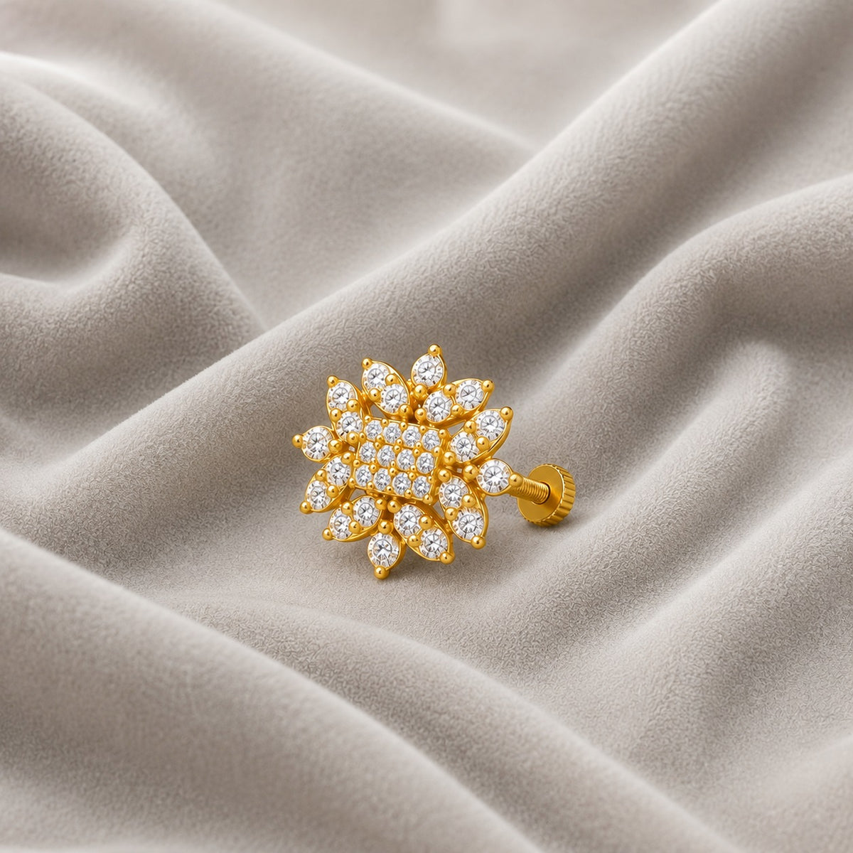 Floral Nose White CZ Nose Pin - Gold Plated 925 Silver