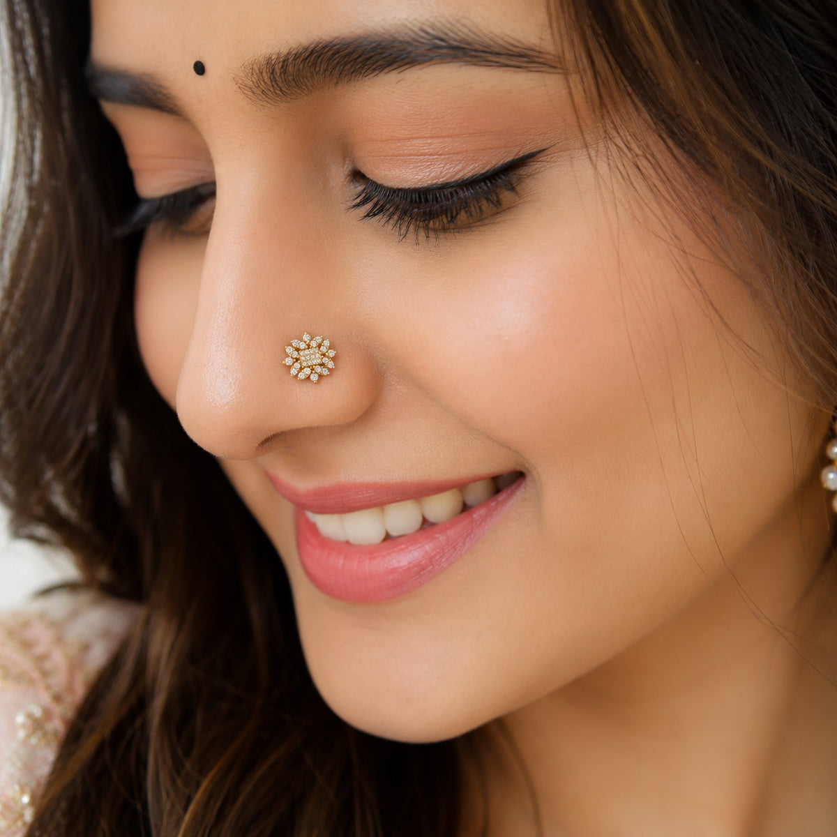 Floral Nose White CZ Nose Pin - Gold Plated 925 Silver
