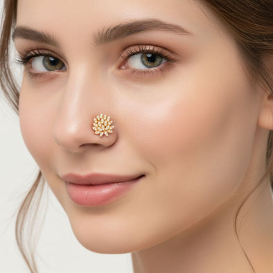 White CZ Petal Burst Design Floral Nose Pin – Sterling Silver Gold Plated
