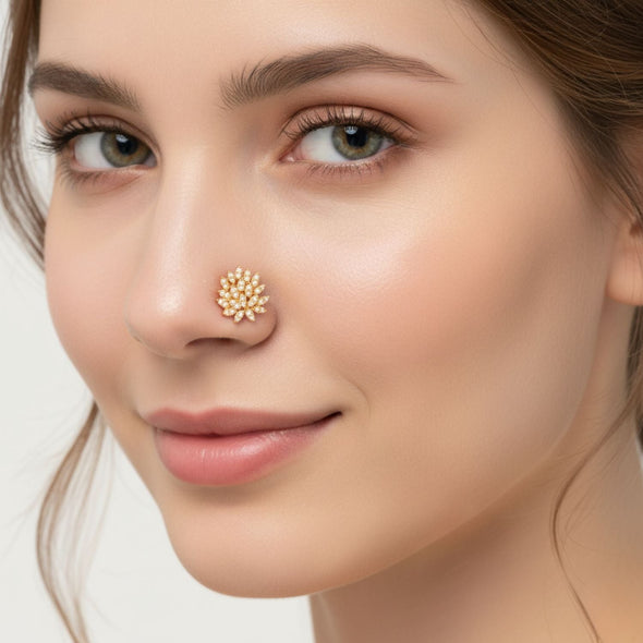 White CZ Petal Burst Design Floral Nose Pin – Sterling Silver Gold Plated