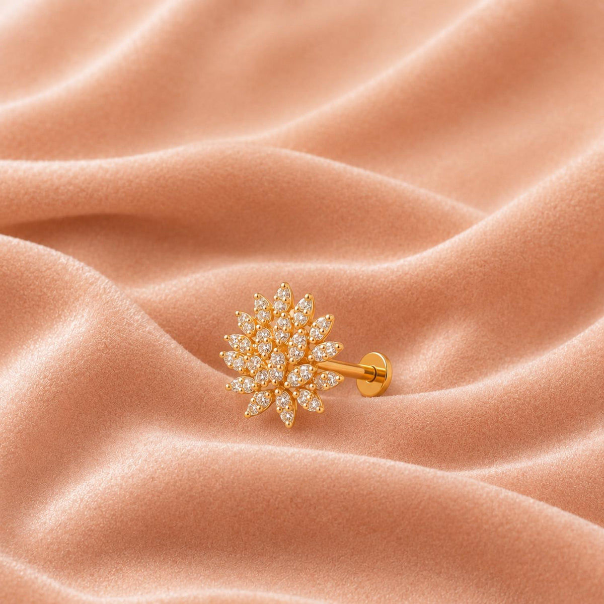 White CZ Petal Burst Design Floral Nose Pin – Sterling Silver Gold Plated