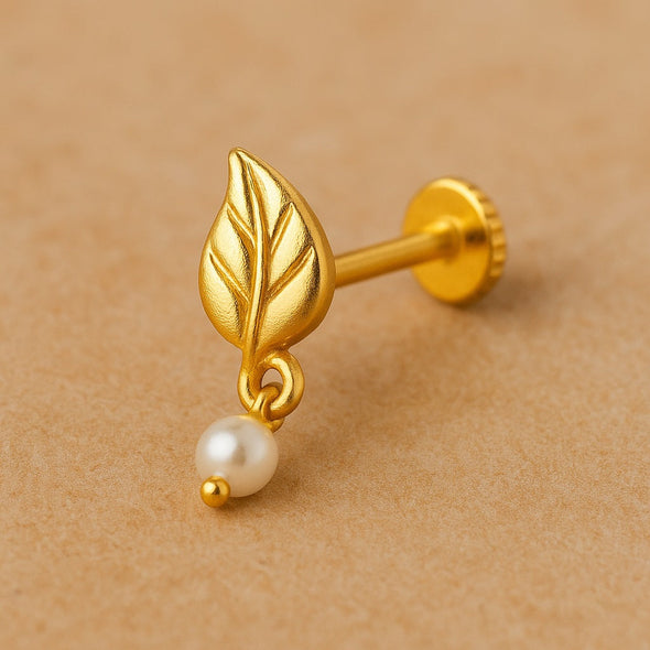 Pearl Drop Leaf Motif Nose Pin – Sterling Silver Gold Plated