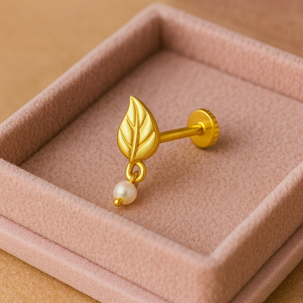Pearl Drop Leaf Motif Nose Pin – Sterling Silver Gold Plated