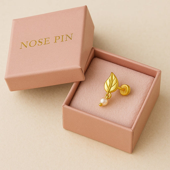 Pearl Drop Leaf Motif Nose Pin – Sterling Silver Gold Plated