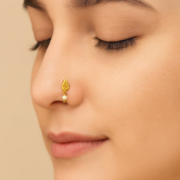 Pearl Drop Leaf Motif Nose Pin – Sterling Silver Gold Plated