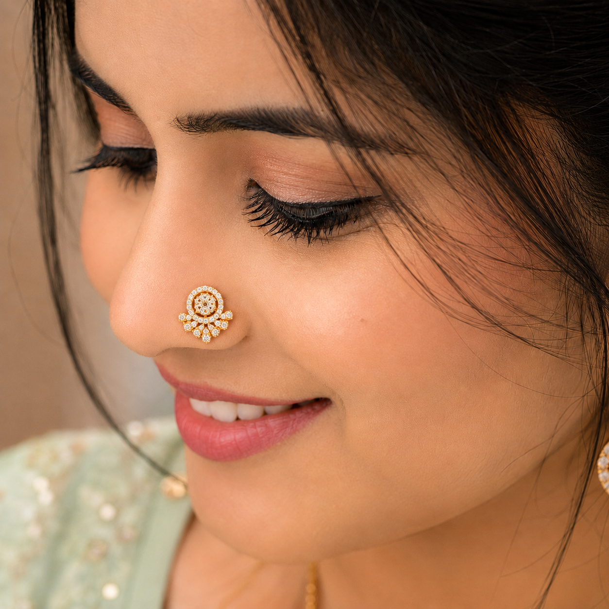 White CZ Ornate Floral Mandala Nose Pin – Sterling Silver Gold Plated