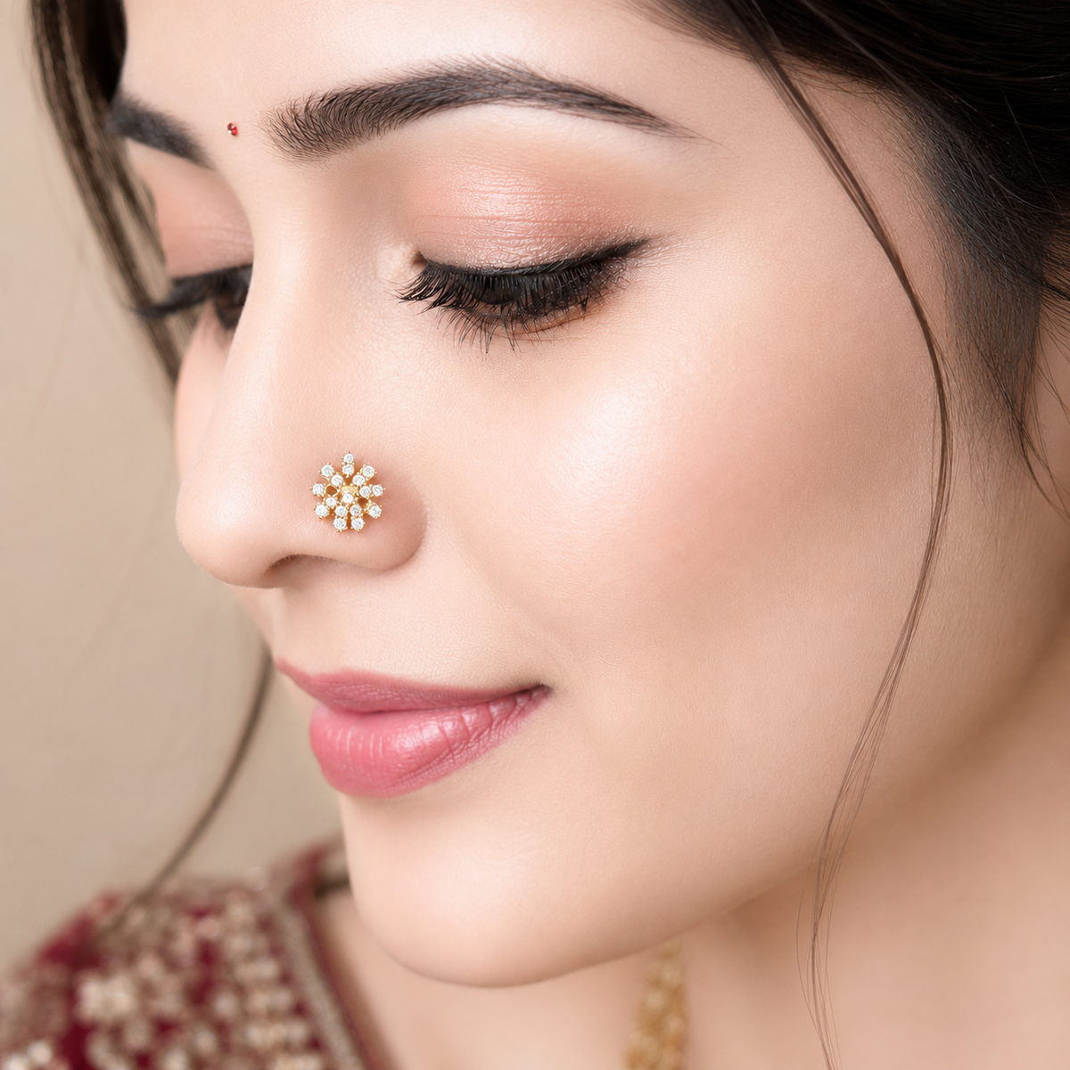 White CZ Petite Floral Cluster Blossom Nose Pin – Sterling Silver Gold Plated