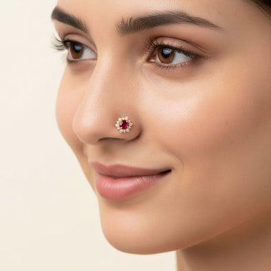 Red CZ Halo Floral Design Nose Pin – Sterling Silver Gold Plated
