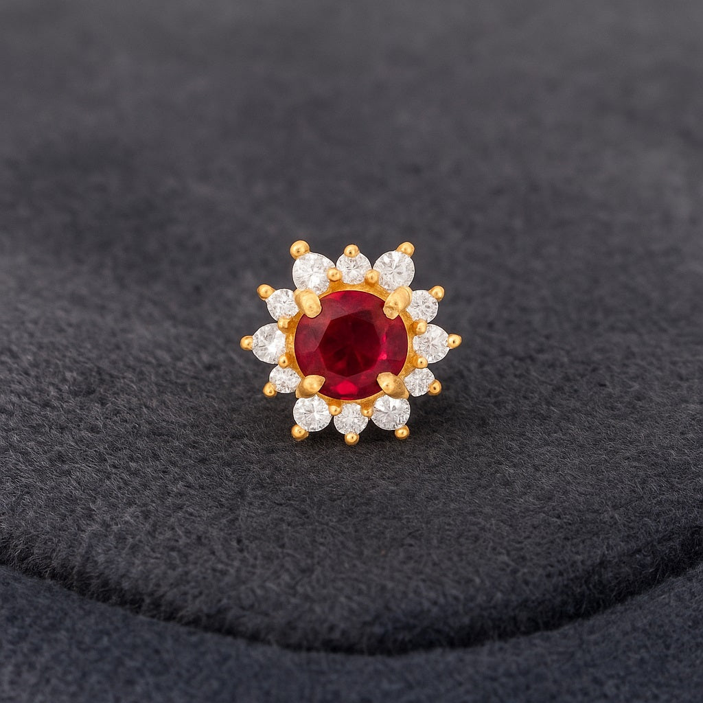 Red CZ Halo Floral Design Nose Pin – Sterling Silver Gold Plated