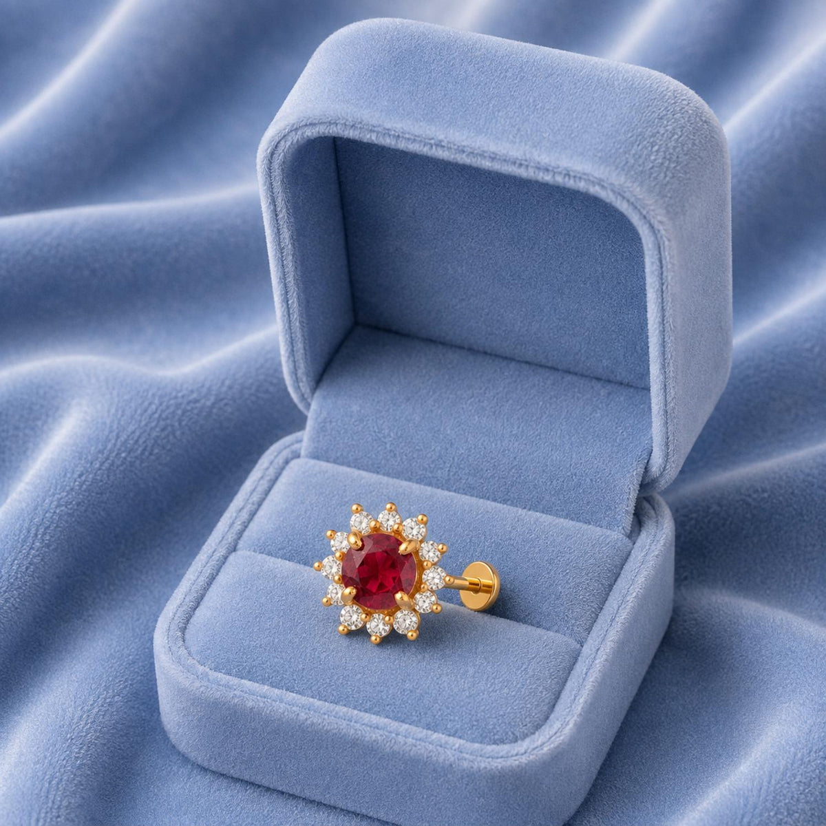 Red CZ Halo Floral Design Nose Pin – Sterling Silver Gold Plated