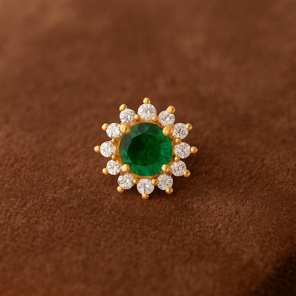 Green CZ Halo Floral Design Nose Pin – Sterling Silver Gold Plated