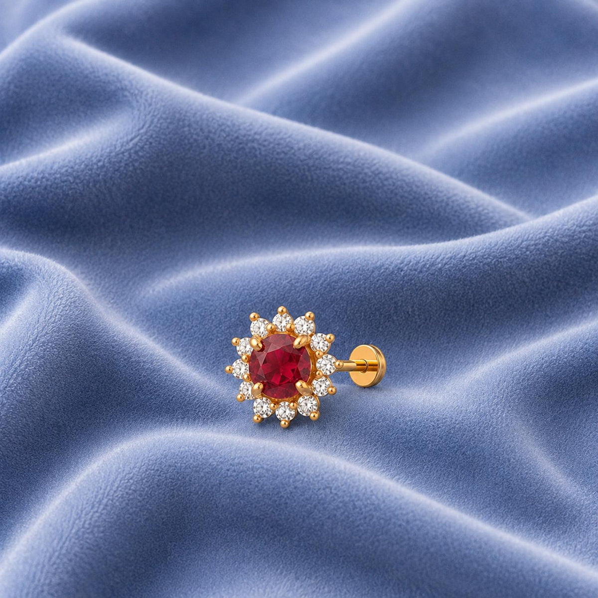 Red CZ Halo Floral Design Nose Pin – Sterling Silver Gold Plated