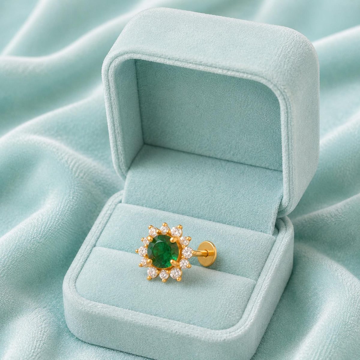 Green CZ Halo Floral Design Nose Pin – Sterling Silver Gold Plated