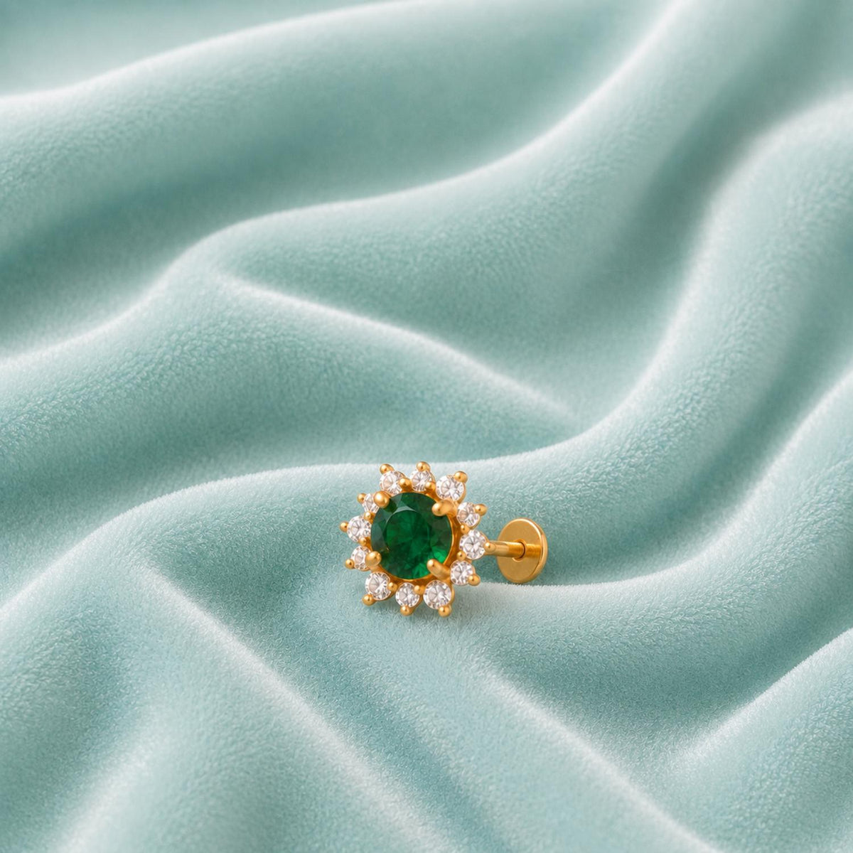 Green CZ Halo Floral Design Nose Pin – Sterling Silver Gold Plated