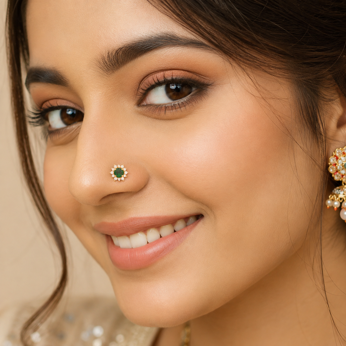 Green CZ Halo Floral Design Nose Pin – Sterling Silver Gold Plated