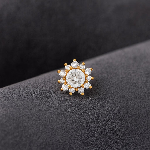 White CZ Halo Floral Design Nose Pin – Sterling Silver Gold Plated