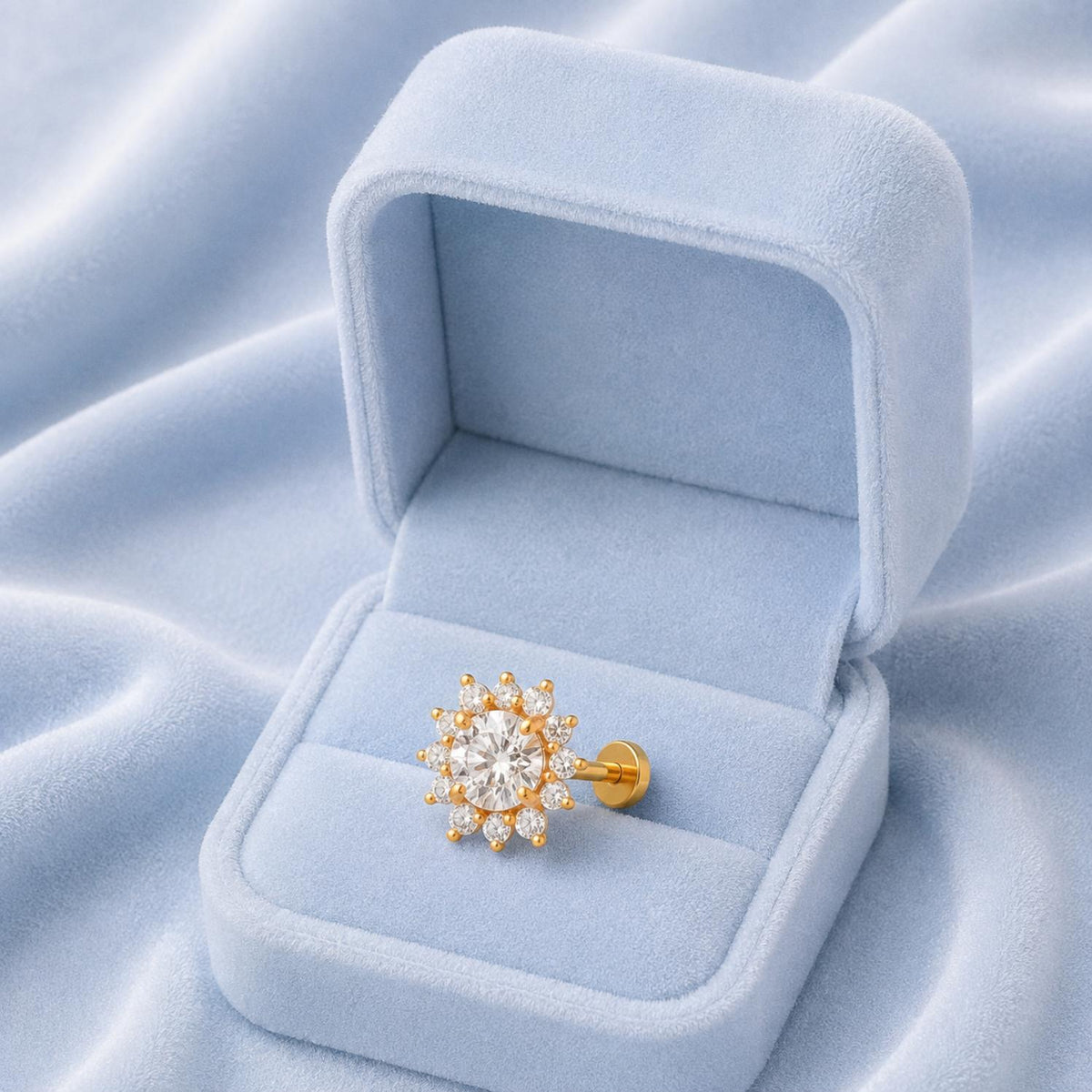 White CZ Halo Floral Design Nose Pin – Sterling Silver Gold Plated