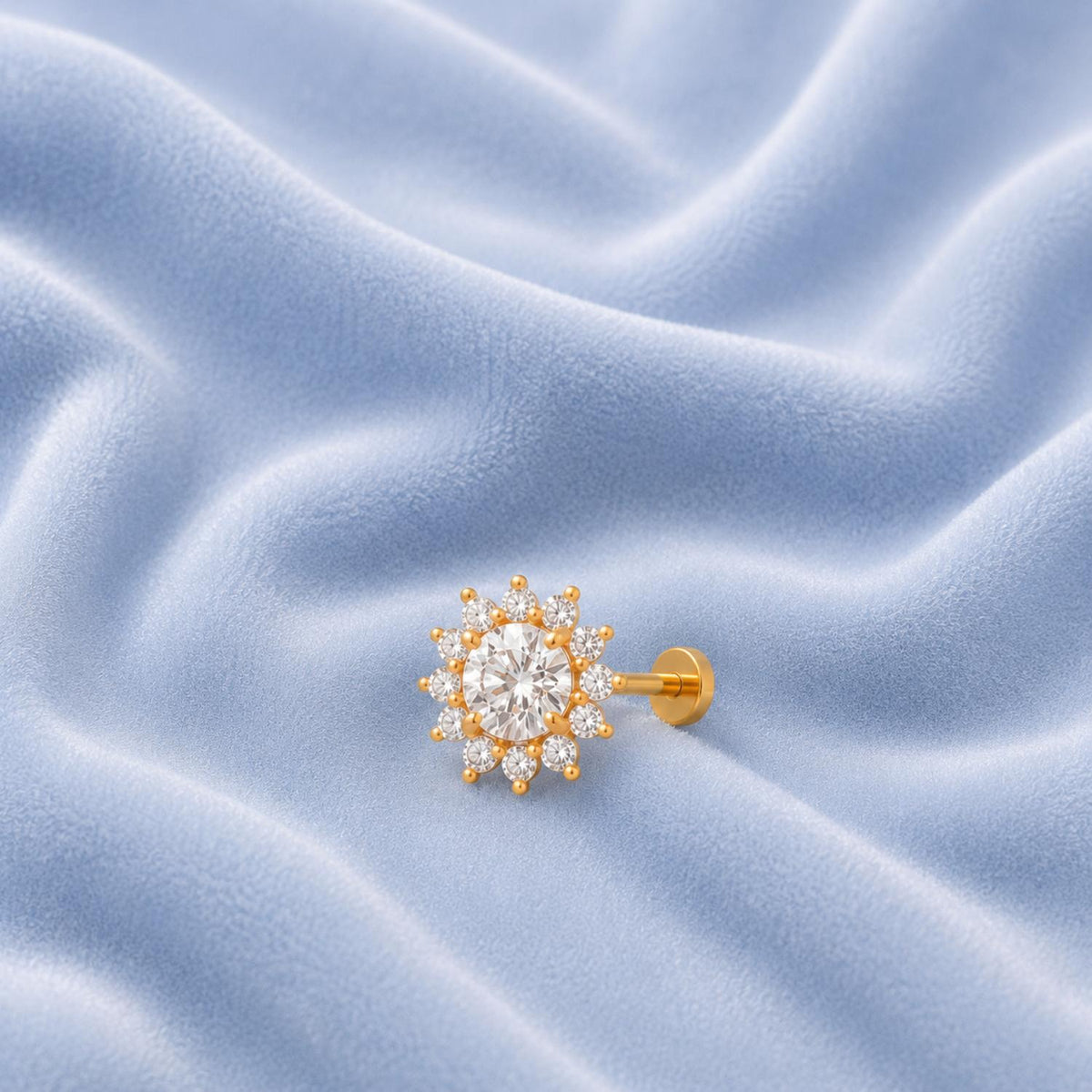 White CZ Halo Floral Design Nose Pin – Sterling Silver Gold Plated