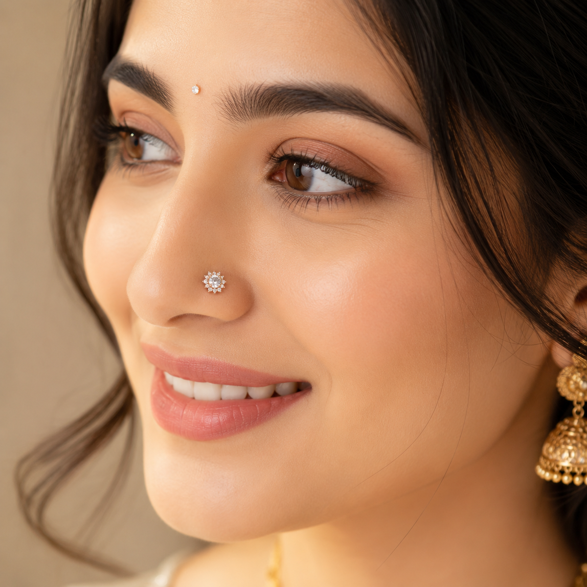 White CZ Halo Floral Design Nose Pin – Sterling Silver Gold Plated