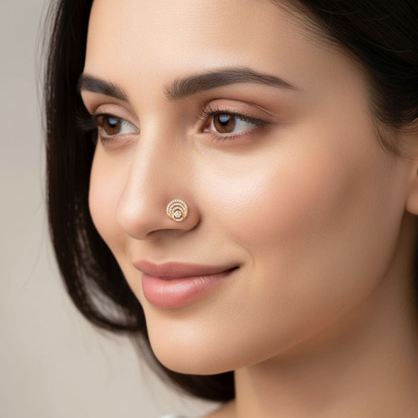 White CZ Concentric Circle Floral Design Nose Pin – Sterling Silver Gold Plated