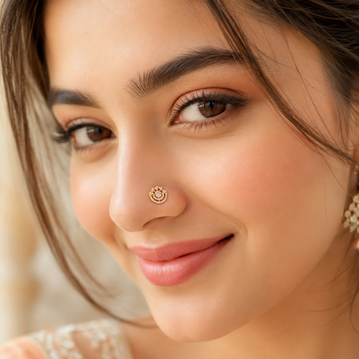 Gold Plated White CZ Floral Nose Pin – Crescent Statement Ethnic Design