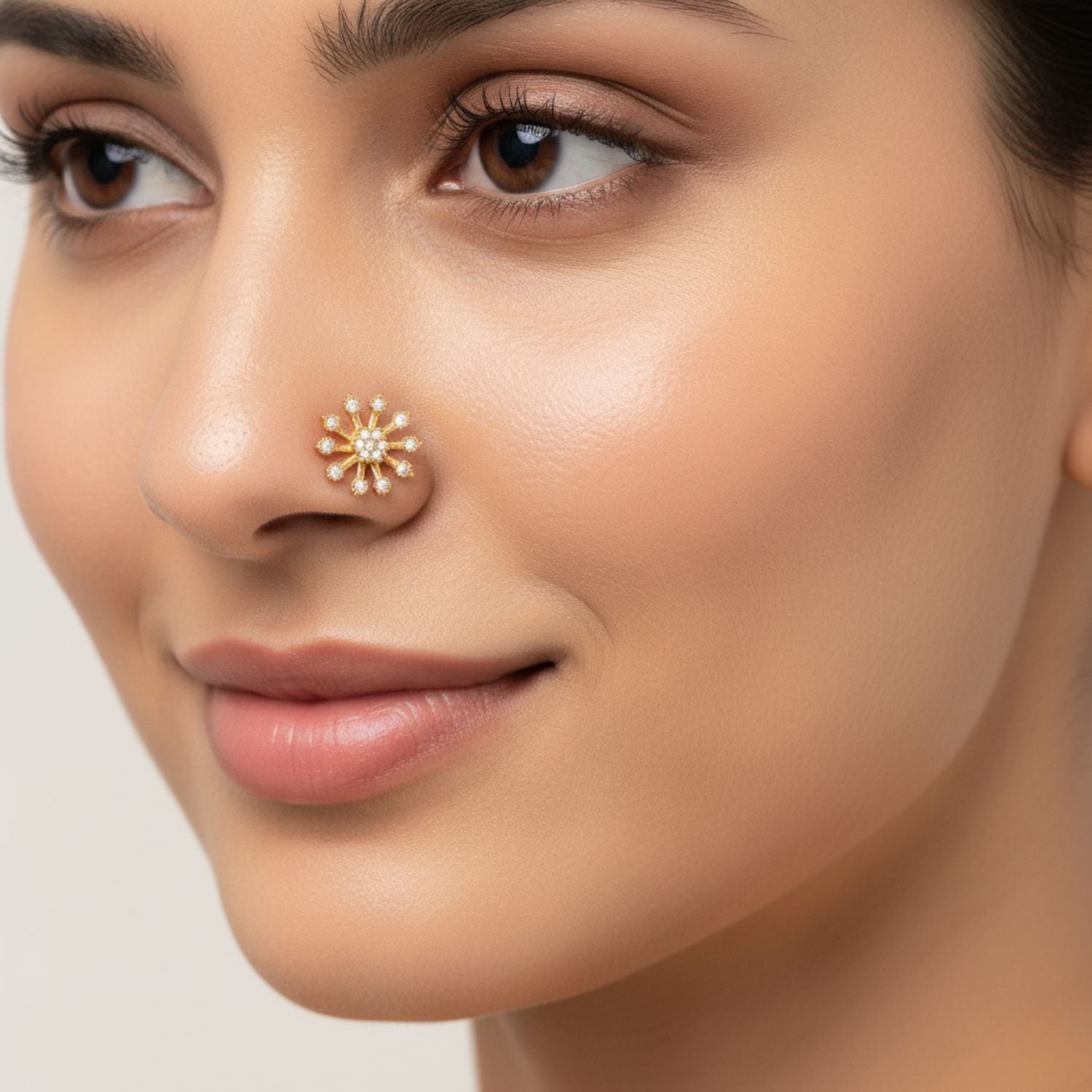 White CZ Floral Burst Design Nose Pin – Sterling Silver Gold Plated