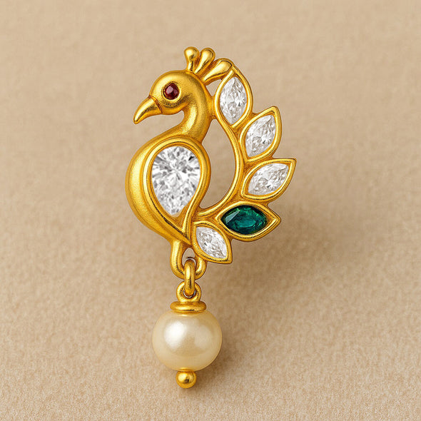 Colorful Peacock Motif with Pearl Drop Nose Pin – Sterling Silver Gold Plated