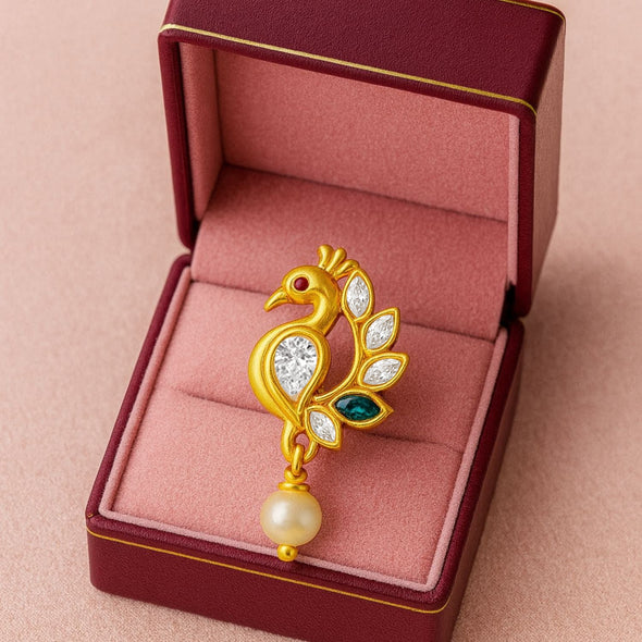 Colorful Peacock Motif with Pearl Drop Nose Pin – Sterling Silver Gold Plated