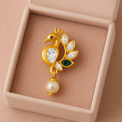 Colorful Peacock Motif with Pearl Drop Nose Pin – Sterling Silver Gold Plated