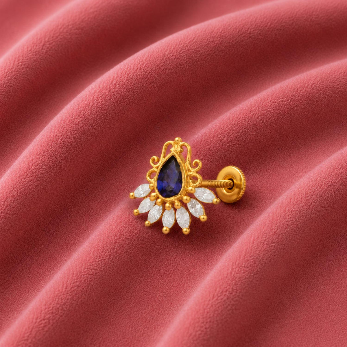 Blue CZ Tear Drop Floral Nose Pin – Sterling Silver Gold Plated