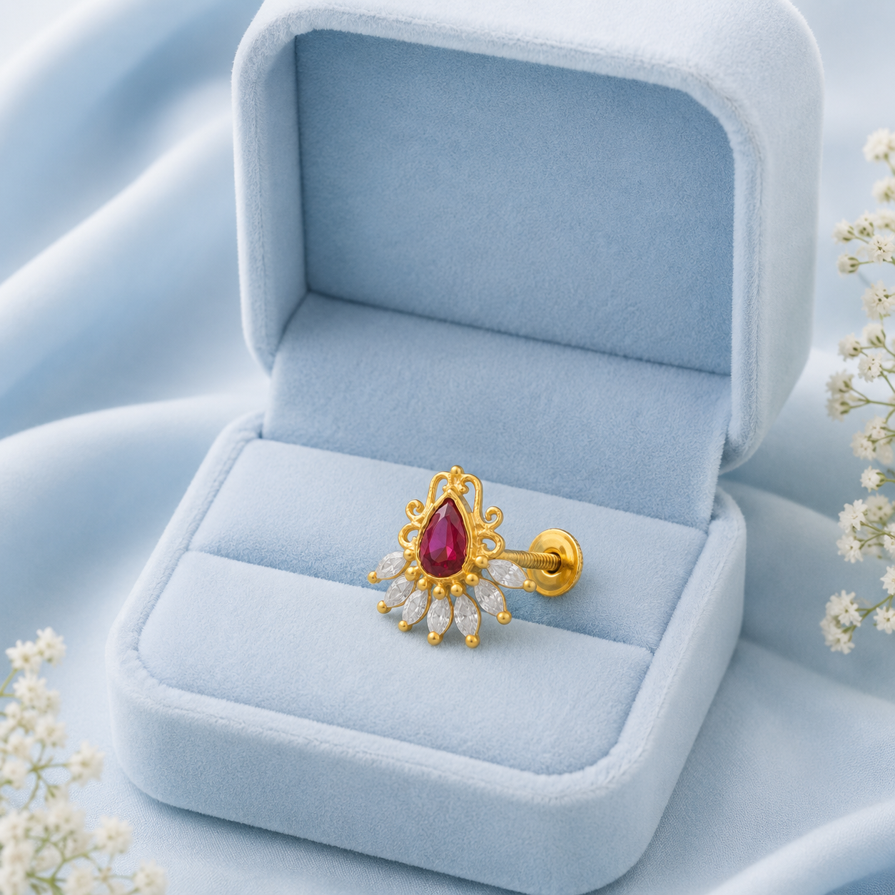 Ruby CZ Floral Nose Pin – Sterling Silver Gold Plated