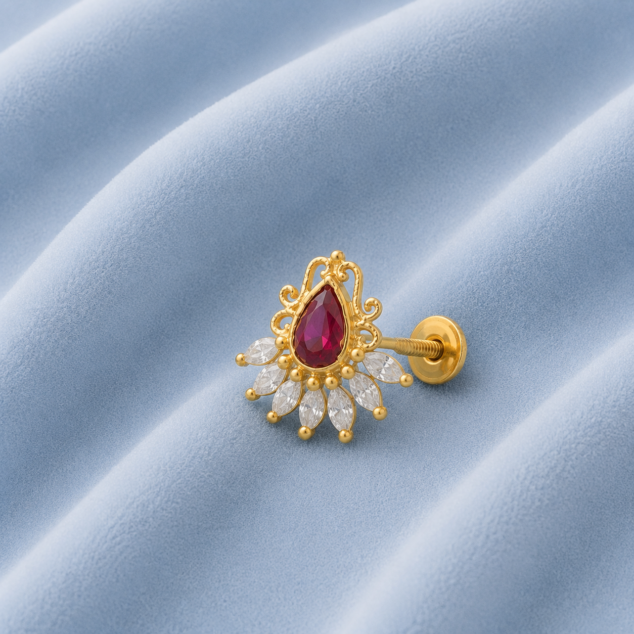 Ruby CZ Floral Nose Pin – Sterling Silver Gold Plated