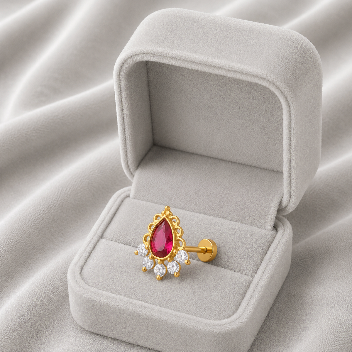 Traditional Halo Ruby CZ Nose Pin – Sterling Silver Gold Plated
